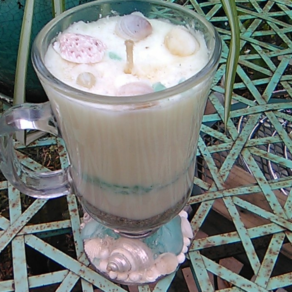 Sea glass and Shell Candle in a mug